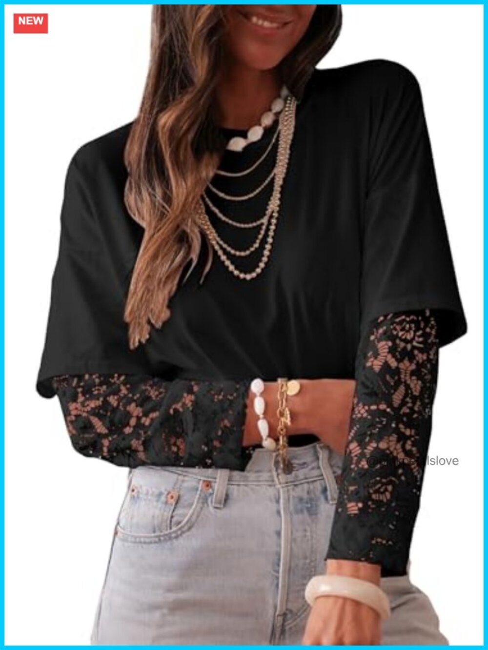 Lace Patchwork Long Sleeve Crew Neck T-Shirt Casual Top